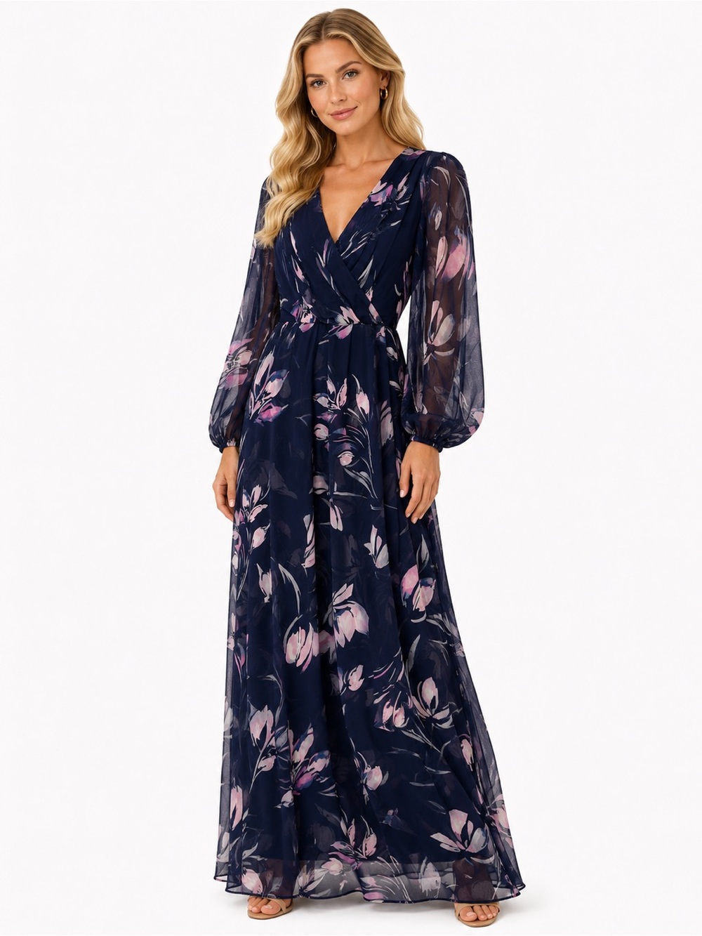 DKNY Size 10 Floral Navy Wrap Maxi Dress with Sheer Long Balloon Sleeves